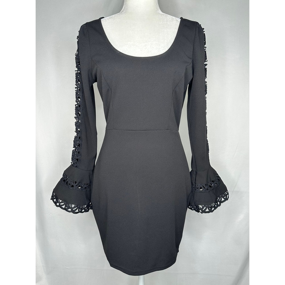 Shero Black Crochet Lace Long Sleeve Bell Cuff Mini Dress Goth Sz M